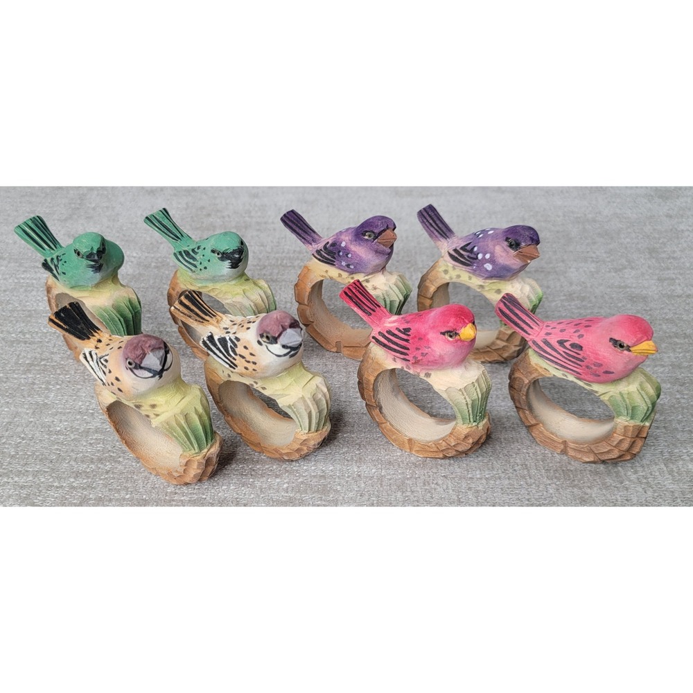 Hand Carved Wood Bird Napkin Rings Set of 8 Colorful Songbird Table Decor Rustic
